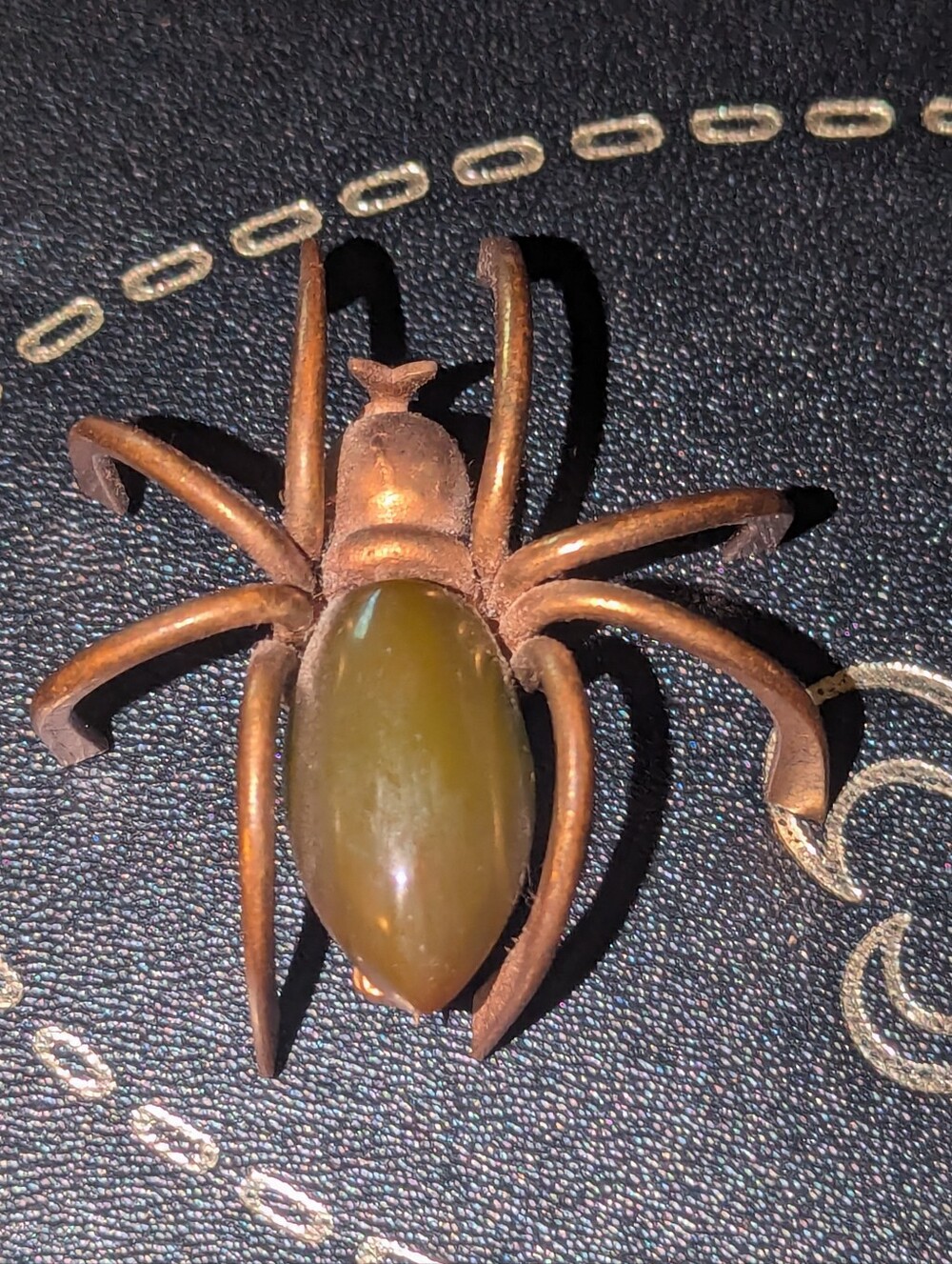Antique Spider Brooch Brass Gold Tone With Green Bakelite. Rare! Art Deco Insect
